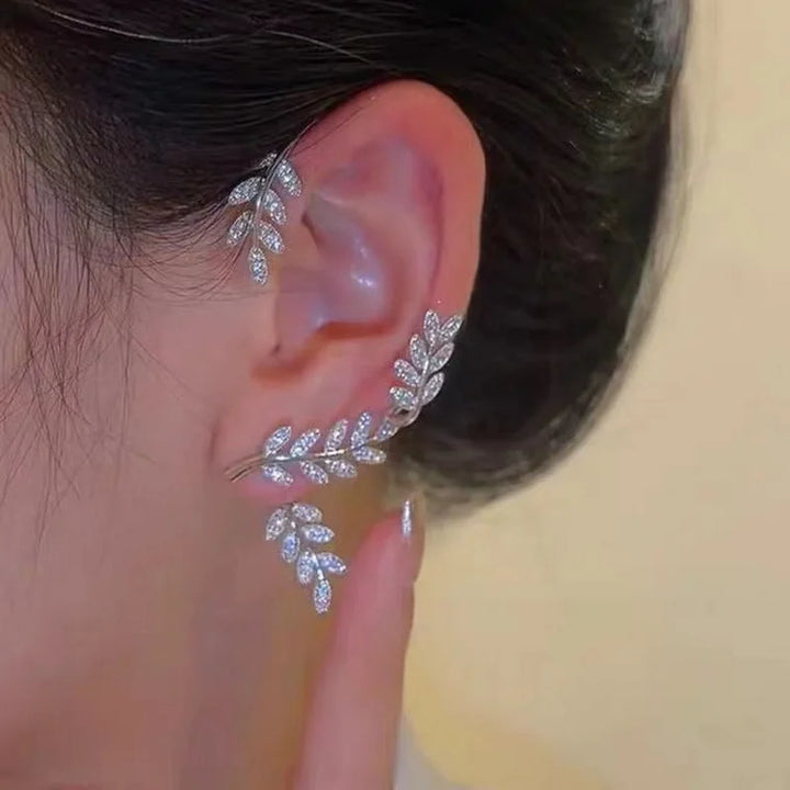 Exquisite Sparkling Zircon Leaves Ear Cuff Stud Earring for Women Silver Color Cubic Zirconia Earrings Party Jewelry