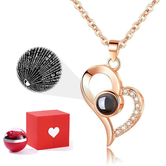 I Love You in 100 Languages Necklaces - With Long Lasting Preserved Rose - To My Love